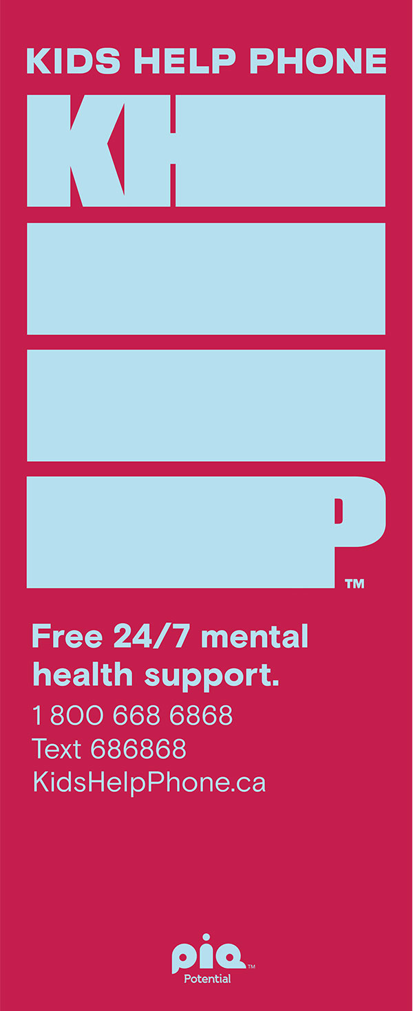 Red and blue Kids Help Phone banner.